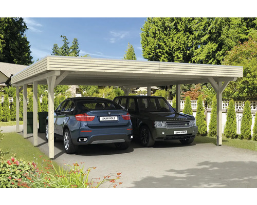 Carport double SKAN HOLZ Spessart avec ancre de poteau 611 x 846 cm nature Double carport en bois avec deux voitures garées
