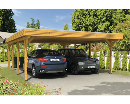 Carport double SKAN HOLZ Spessart avec ancre de poteau 611 x 846 cm chêne clair Double abri de voiture en bois avec deux voitures garées