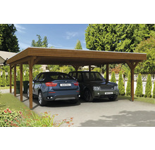 Double carport en bois avec deux voitures garées