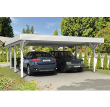 Double abri de voiture en bois avec deux voitures garées