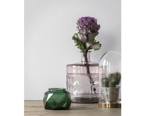 Dekorative Anordnung mit Glasvasen und Kaktus unter Glasglocke auf einem Tisch