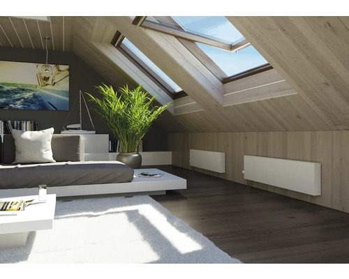 Modernes Wohnzimmer mit Dachfenstern, Heizkörpern und Sofa
