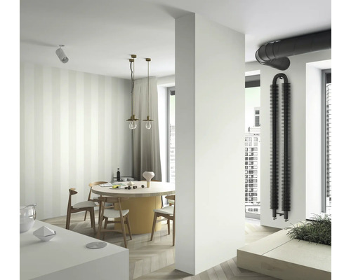 Pièce lumineuse avec table à manger, chaises et radiateur noir