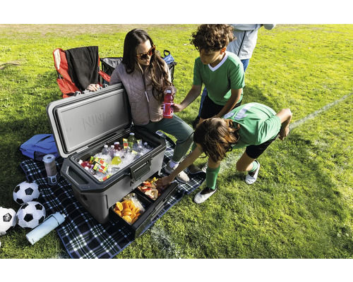 Szene im Freien mit Kühlbox, Getränken, Snacks und Kindern auf einem Rasenplatz.