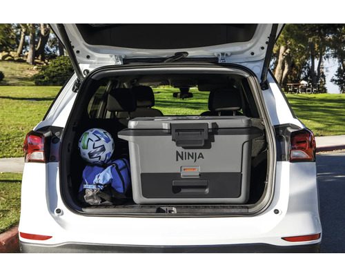 Kühlbox von Ninja im Kofferraum eines Autos, zusammen mit einem Fußball und einer Sporttasche.