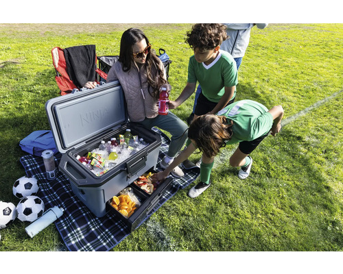 Szene im Freien mit einer Kühlbox, Getränken, Snacks und Personen auf einer Picknickdecke