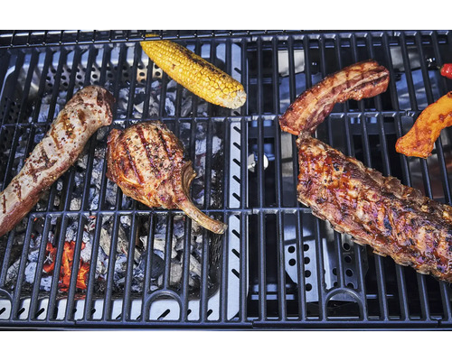 Différentes viandes et maïs sur un gril