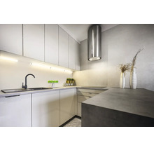 Moderne Küche mit Spüle, Armatur, Dunstabzugshaube und Arbeitsplatte