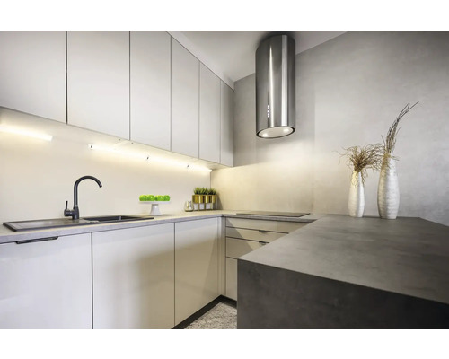 Moderne Küche mit Spüle, Armatur, Dunstabzugshaube und Arbeitsplatte