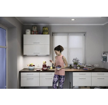 Eine Frau steht in einer hellen Küche mit einem Mixer, Obst und Gemüse auf der Arbeitsplatte.