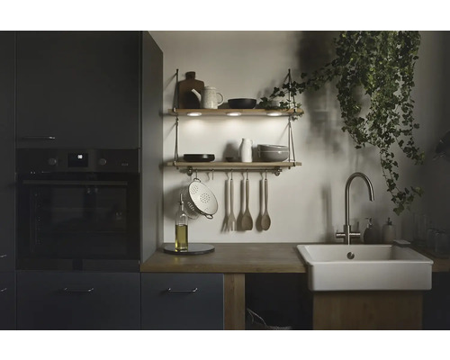 Küchenszene mit Spüle, Regalen und Küchenutensilien