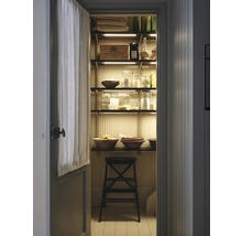 Aperçu d''un cellier avec des étagères remplies de nourriture et de provisions, éclairées par des bandes LED, avec une échelle pour l''accès