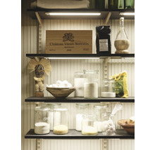 Système d''étagères avec des aliments dans des bocaux et une caisse à vin