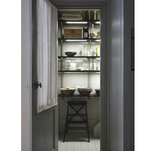 Vue sur un garde-manger avec des étagères, des provisions et une échelle