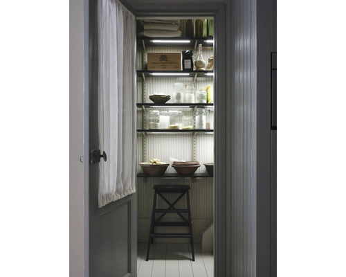 Vue sur un garde-manger avec des étagères, des provisions et une échelle