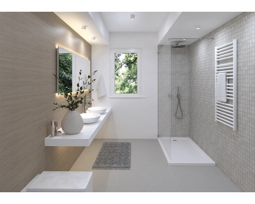 Modernes Badezimmer mit Waschbecken, Spiegel, Dusche und Heizkörper