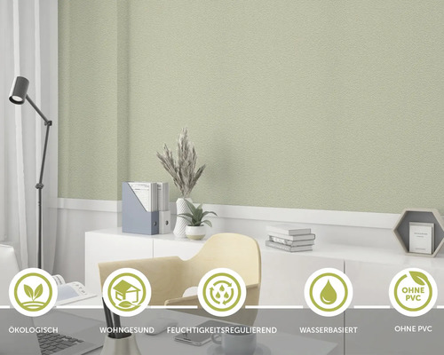 Helle, strukturierte Tapete in einem Arbeitszimmer mit den Symbolen: ökologisch, wohngesund, feuchtigkeitsregulierend, wasserbasiert und ohne PVC