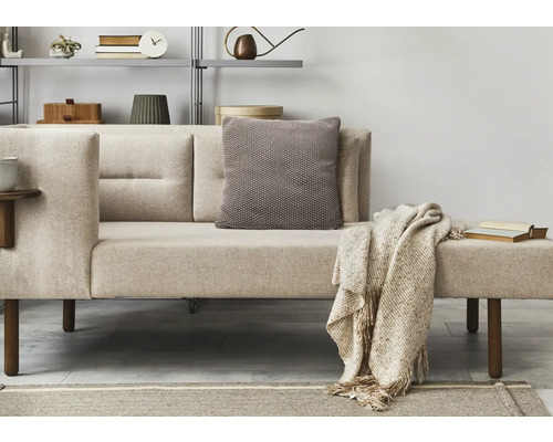 Wohnzimmer mit Sofa, Kissen, Decke und Bücherregal