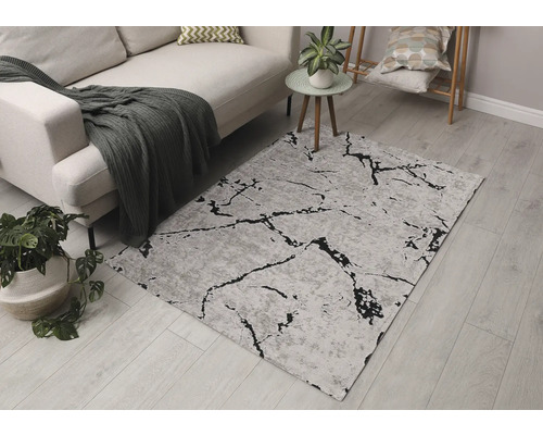 Wohnzimmer mit Sofa und grauem Teppich mit Muster