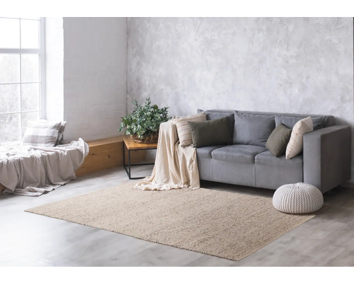 Wohnzimmer mit Teppich, Sofa, Kissen und Beistelltisch in hellem Design