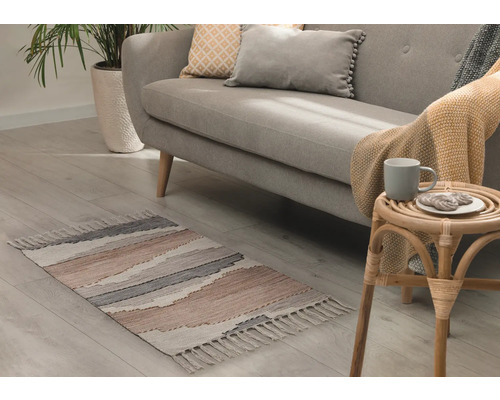 Salon avec canapé, plante d''intérieur et tapis à motifs