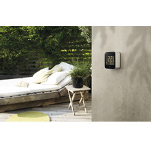 Scène de jardin avec thermomètre numérique au mur.