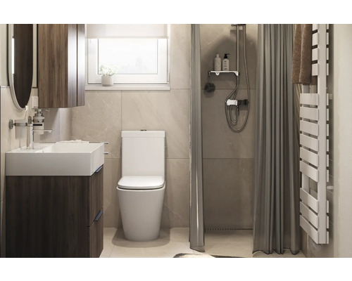Salle de bains avec lavabo, toilettes, douche et sèche-serviettes.