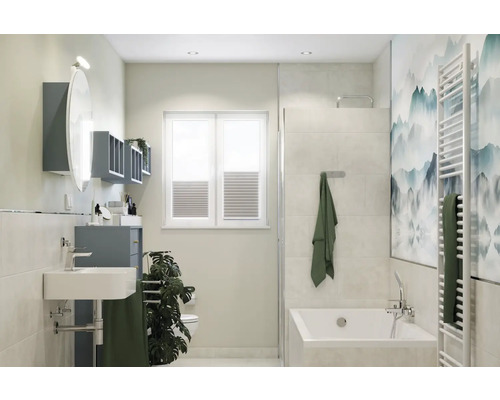 Salle de bain lumineuse avec lavabo, baignoire et radiateur