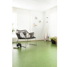 Salon avec revêtement de sol vert, chaise et planche de surf