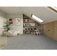 Chambre mansardée lumineuse avec bibliothèque, fenêtre de toit, armoire et pouf.