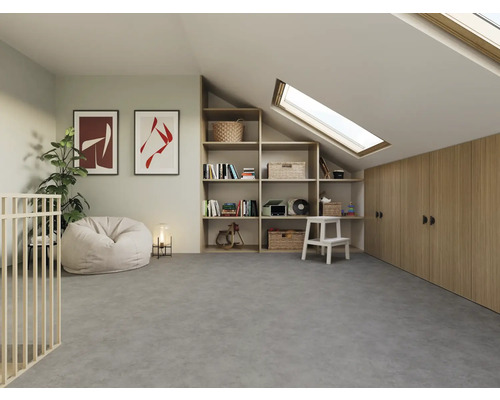 Chambre mansardée lumineuse avec bibliothèque, fenêtre de toit, armoire et pouf.