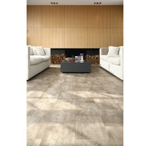 Séjour lumineux avec sol en vinyle imitation pierre, canapés et bois de cheminée