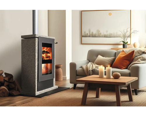 Wohnzimmer mit Kaminofen, Sofa und Tisch