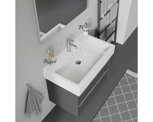 Lavabo avec meuble sous-lavabo, robinetterie, distributeur de savon et porte-serviettes dans la salle de bains