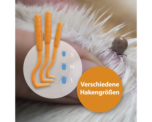 Drei Zeckenhaken in verschiedenen Größen zur Zeckenentfernung.