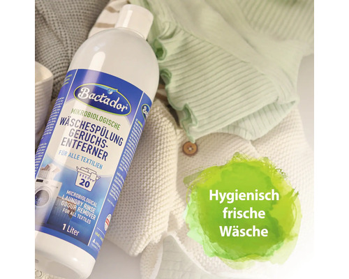 Bactador assouplissant de linge microbiologique anti-odeurs dans une bouteille de 1 litre pour tous les textiles