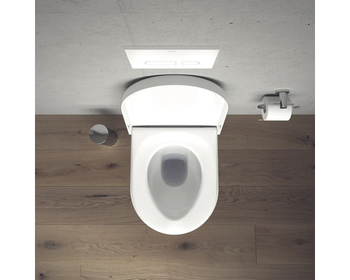 WC suspendu avec plaque de commande et porte-papier toilette