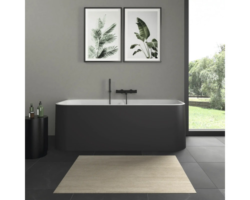 Salle de bains moderne avec baignoire îlot, tapis et images de plantes