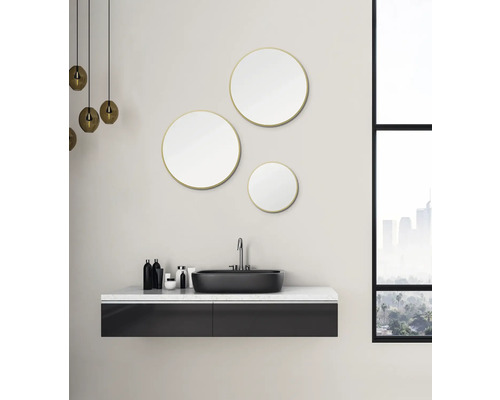 Salle de bain moderne avec lavabo, meuble sous-vasque et miroirs ronds