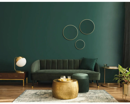 Salon avec canapé, table basse et décorations devant un mur vert