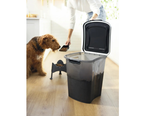 Une personne remplit de la nourriture pour animaux avec une pelle dans une gamelle pour chien, à côté d''un récipient pour nourriture pour animaux et d''un chien