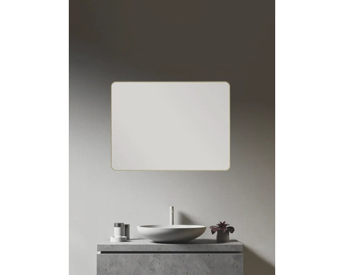 Salle de bains avec lavabo, robinet, plante et miroir rectangulaire