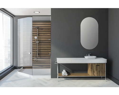 Salle de bain moderne avec douche, lavabo et miroir