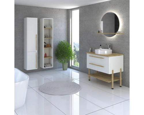 Salle de bain avec meuble-lavabo, miroir, armoire, étagère et plante