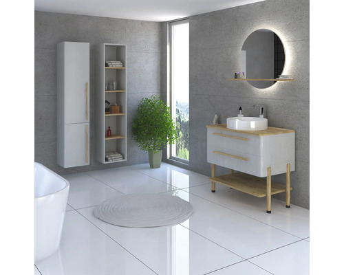 Salle de bains moderne avec meuble sous-lavabo, armoire de toilette, étagère, serviette et plante