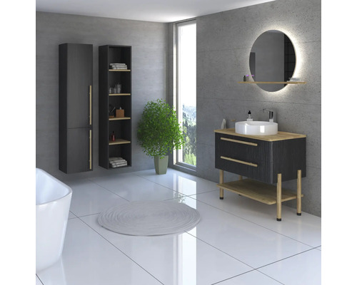 Salle de bains moderne avec meuble sous-lavabo, armoire de toilette, armoire haute et plante