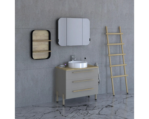 Salle de bains avec meuble sous-lavabo, armoire de toilette, étagère et échelle à serviettes