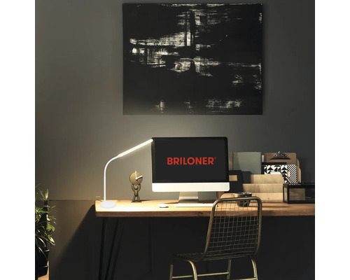 Arbeitszimmer mit Schreibtisch, Computer, Schreibtischlampe und Dekorationsartikeln