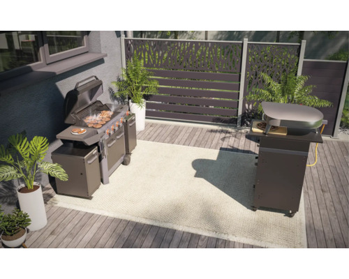 Aussenbereich mit Grill, Pizzaofen und dekorativem Sichtschutzzaun