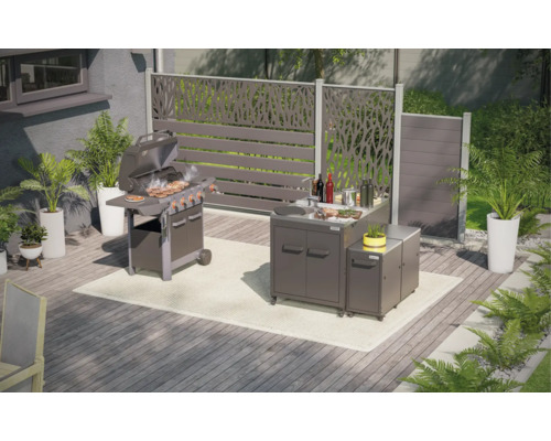 Aussenbereich mit Grill, Grillküche und Sichtschutzelementen auf einer Terrasse